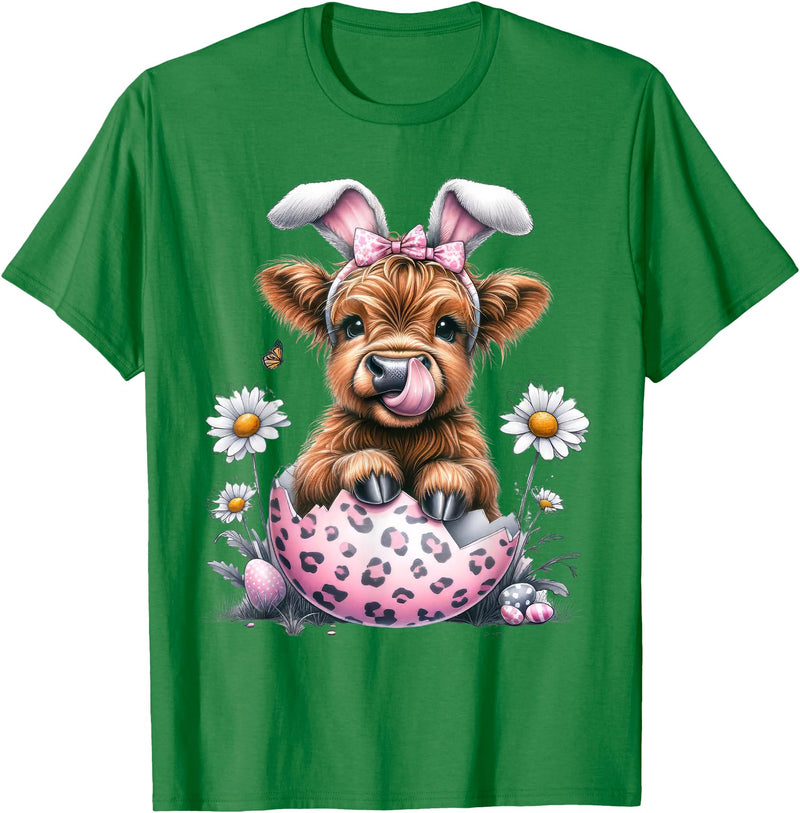 Funny Cow Easter Rabbit Cute Highland Cows Lover Easter Day T-Shirt - Kelly Green
