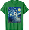 Llama Designs. Llama Alpaka Van Gogh Style Starry Night Funny Graphic T-Shirt - Kelly Green