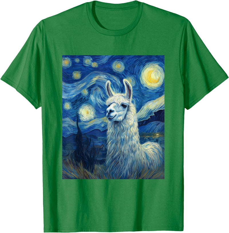 Llama Designs. Llama Alpaka Van Gogh Style Starry Night Funny Graphic T-Shirt - Kelly Green