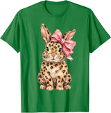 Cute Bunny Leopard Coquette Bow Rabbit Easter Women Girls T-Shirt in Kelly Green