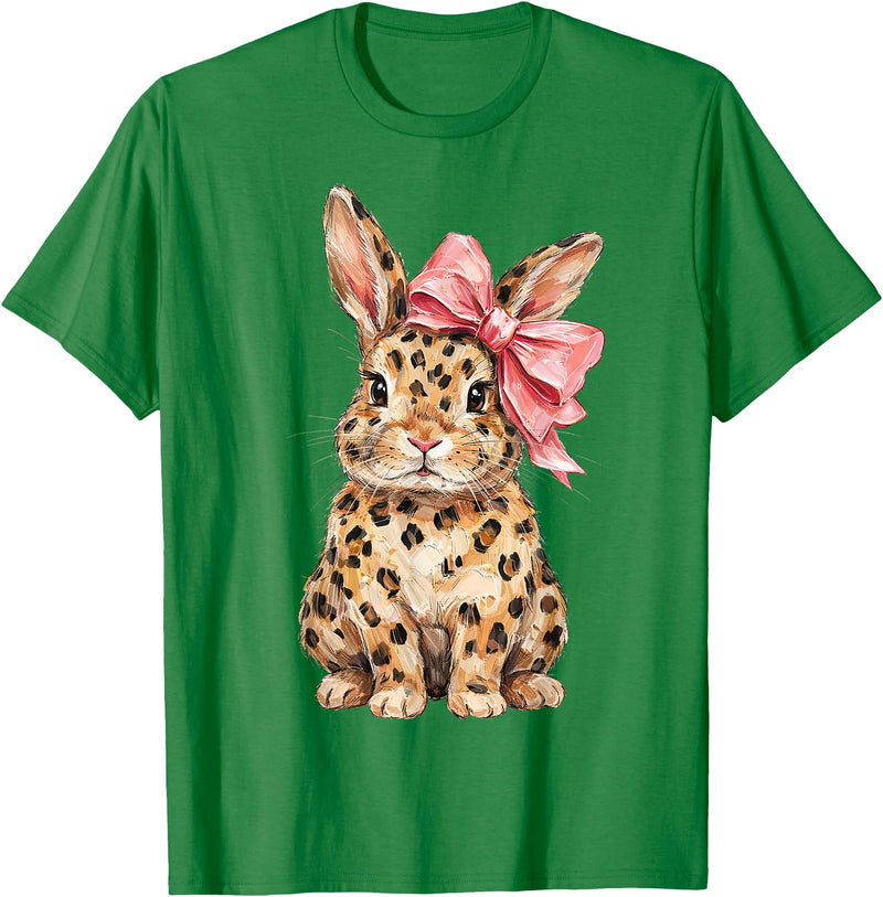 Cute Bunny Leopard Coquette Bow Rabbit Easter Women Girls T-Shirt in Kelly Green