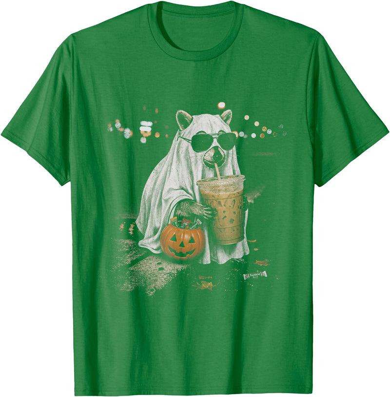 Funny Halloween Raccoon with Pumpkin and Coffee Raccoon with Pumpkin and Coffee Vintage 90s Halloween T-Shirt - Kelly Green