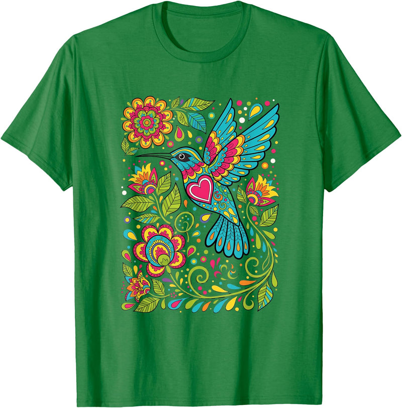 FolkFlight Design Co Bird Hummingbird Floral Folk-Art Colorful T-Shirt - Kelly Green