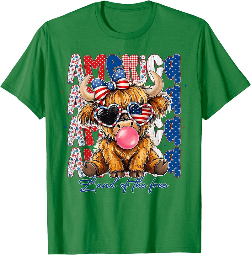 Cute Cow Creations Highland Cow 4th of July, Patriotic Cowgirl Bow Design T-Shirt - Kelly Green