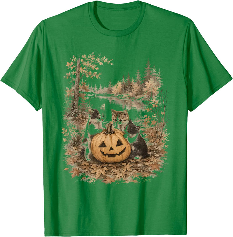 Vintage 90s Cats And Pumpkin Halloween Women Men Funny Retro 90s Kitten Black Cats and Pumpkin Halloween T-Shirt - Kelly