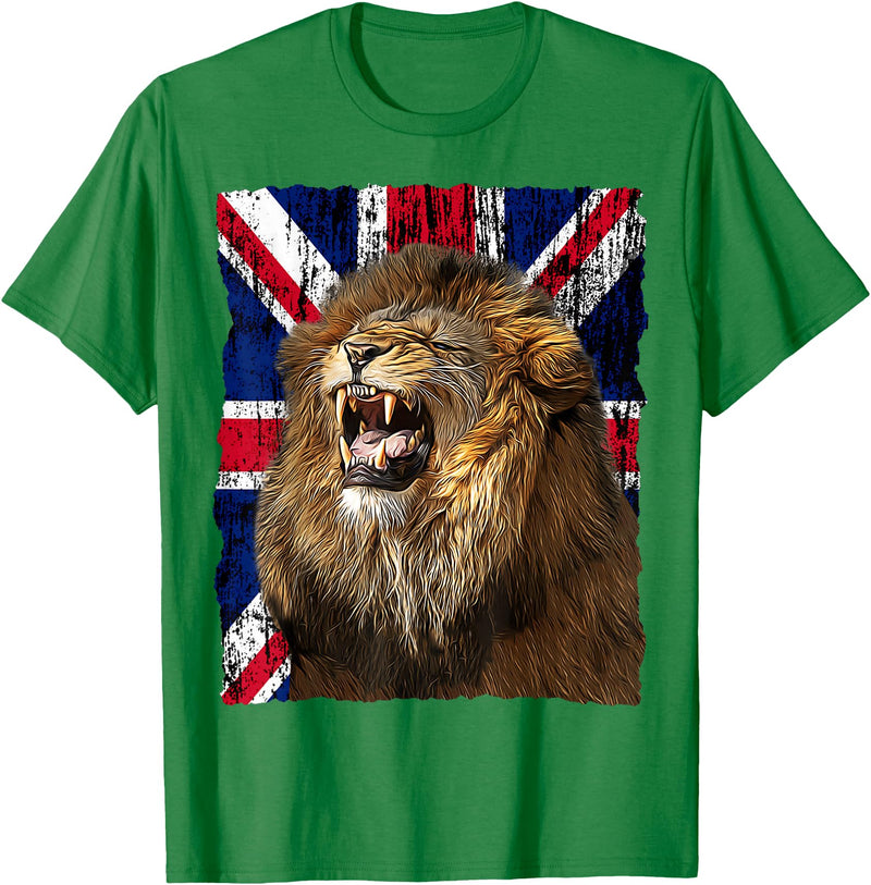 Patriotic Puppies Patriotic Roaring Lion UK Flag Distressed United Kingdom T-Shirt - Kelly Green