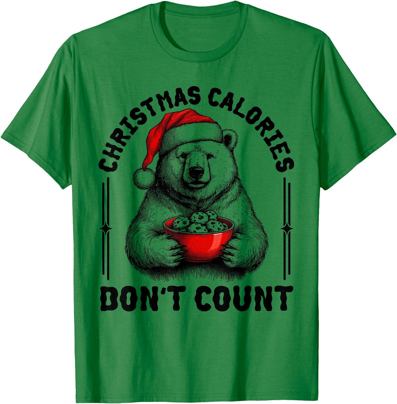 Funny Christmas Calories Polar Bear Xmas Food Tees Christmas Calories Don't Count Funny Polar Bear Cookie Meme T-Shirt - Kelly Green