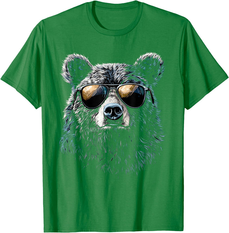 Forest Illustration Bear Art Nature Bear Wearing Sunglasses Wildlife Artwork Graphic Bear T-Shirt - Kelly Green