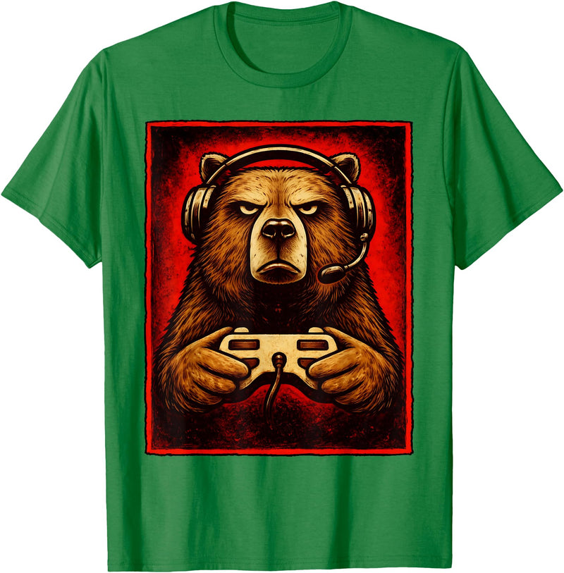 Funny Gaming Bear Gamer Graphic Gamer Bear Graphic Funny Gaming Animal Grizzly Bear Costume T-Shirt - Kelly Green