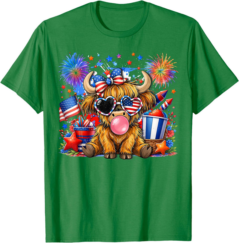 July 4th Highland Cow Farm Lovers America Tees 4th of July Highland Cow Patriotic Cow Farmer Men Women Kids T-Shirt - Kelly