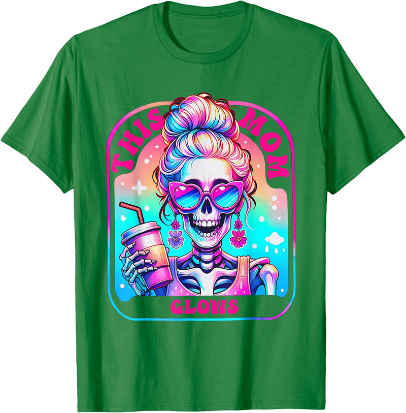 Glow Mom Apparel This Mom Glows Skeleton Mom Colorful Design T-Shirt - Kelly Green