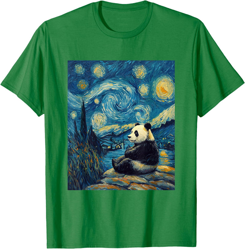 Bear Designs. Cute Panda Bear Van Gogh Style Starry Night Graphic T-Shirt - Kelly Green