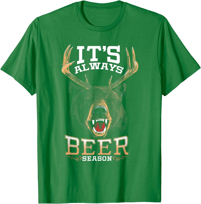 Hunted Apparel It's Always Beer Season Bear Deer Beer Funny Hunter Hunting T-Shirt - Kelly Green