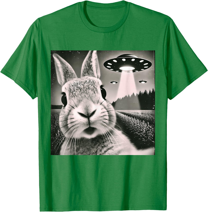 Funny Rabbit Bunny Selfie UFOs T-Shirt in Kelly Green