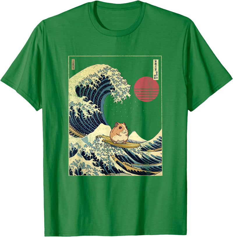 Hamster Kanagawa Wave Funny Surf Animal T-Shirt - Kelly Green