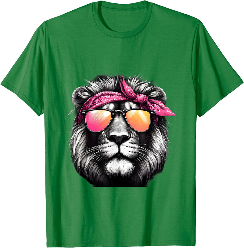 Fashionable Animals Wearing Pink Bandanas Lion Wearing a Pink Bandana Headband and Sunglasses T-Shirt - Kelly Green