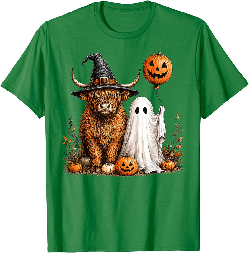 Fall Highland Cow Ghost Autumn Pumpkin Halloween Halloween Highland Cow, Spooky Highlander Cow Fall T-Shirt - Kelly Green