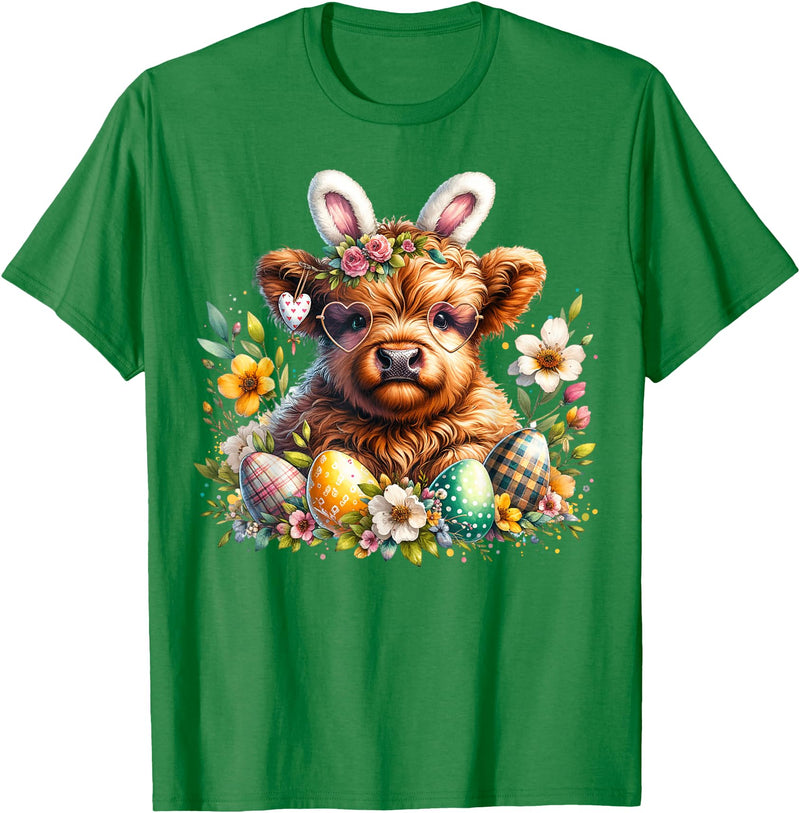 Highland Cow Land of NYC Highland Cow Easter Bunny Moo Basket Egg Floral Women Girls T-Shirt - Kelly Green