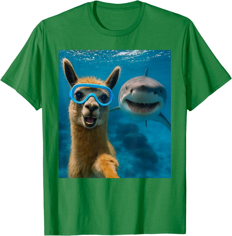 Selfie Llama and Shark Summer Scuba Diving Funny Llama Selfie with Shark Ocean Lovers T-Shirt - Kelly Green