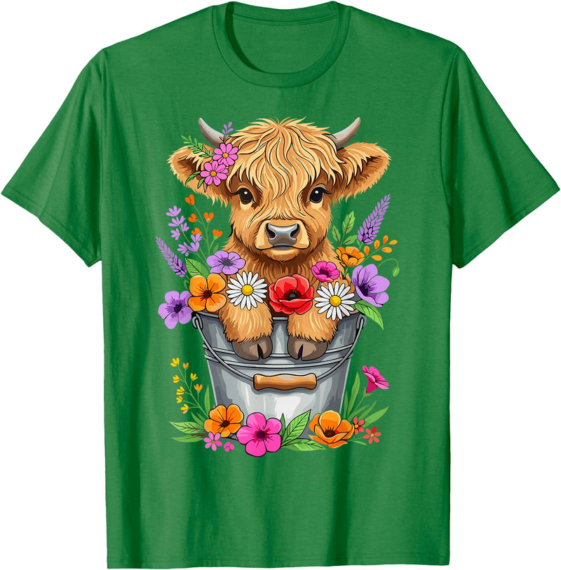Funny Highland Cow Lovers Cute Baby Highland Cow Bucket Floral Farm T-Shirt - Kelly Green