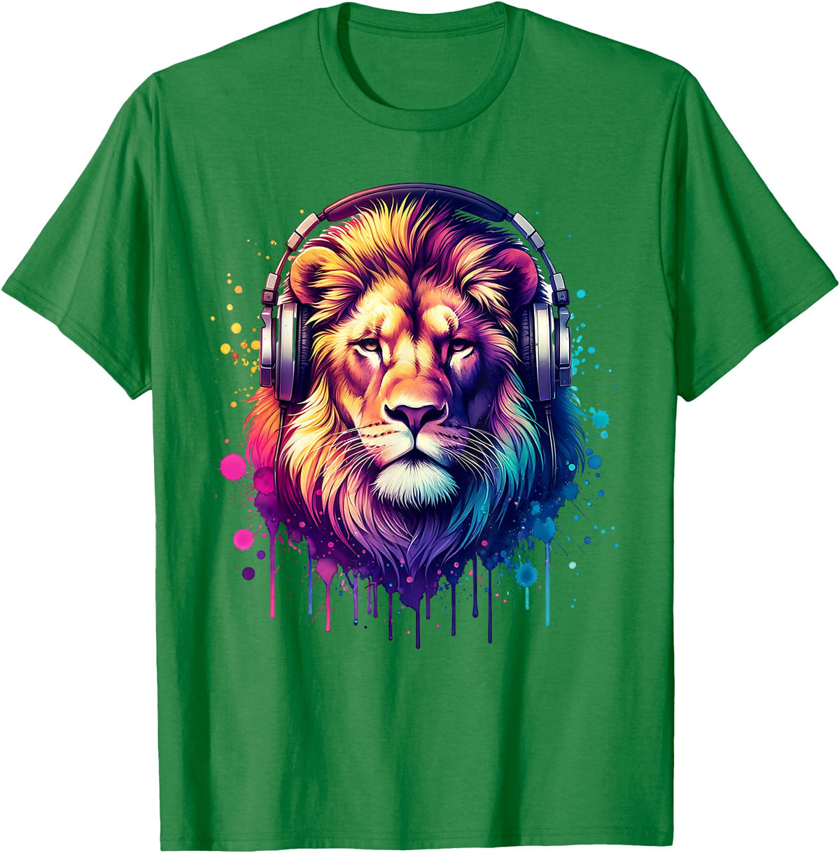 Funny Animal With Headphones Lion With Headphones T-Shirt - Kelly Green