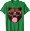 Bear Face Wearing Glasses Apparel For Women ladies Cute Bear Face Eating Gum and Makes Bubble Funny Bears Women T-Shirt - Kelly Green