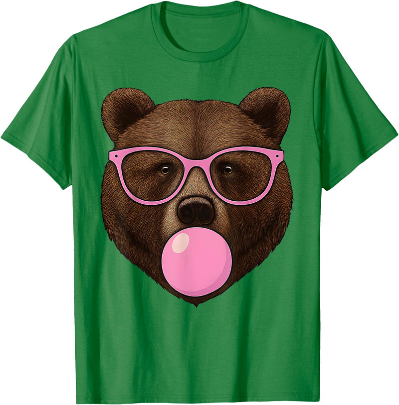 Bear Face Wearing Glasses Apparel For Women ladies Cute Bear Face Eating Gum and Makes Bubble Funny Bears Women T-Shirt - Kelly Green