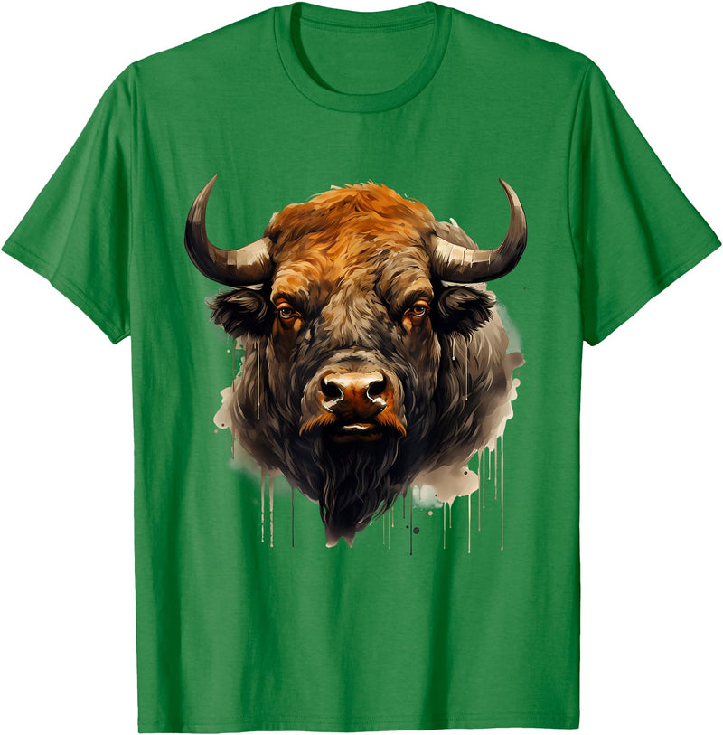 Safari Animal Art Buffalo Animal Print Portrait Bison Nature Artwork T-Shirt - Kelly Green
