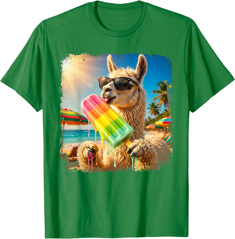Funny Llama Popsicle Summer Ice Cream Rainbow Drip Funny Llama Eating Popsicle Summer Beach Animal Sunglasses T-Shirt - Kelly Green