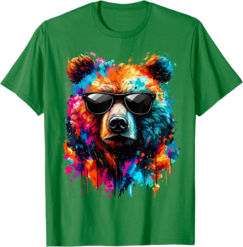 Funny Colorful Bear Lover Wildlife Colourful Bear with Sunglasses T-Shirt - Kelly Green