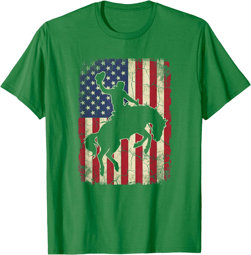 Cool Horse Riding 4th of July Clothes Rodeo Cowboy Western Country Bucking Horse USA Flag T-Shirt - Kelly Green