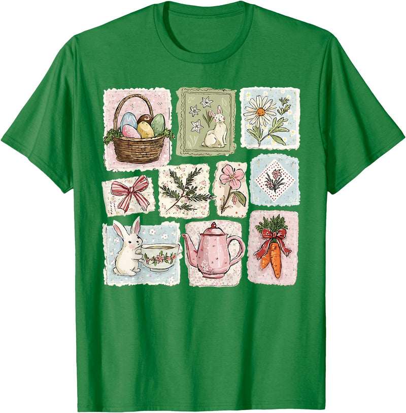 Floral Coquette Spring Easter Bunny Vintage Happy Easter T-Shirt in Kelly Green