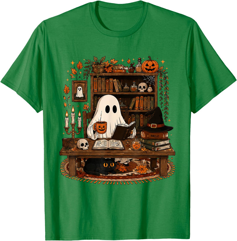 Retro Ghost Reading Funny Halloween Spooky Book Lover T-Shirt - Kelly Green