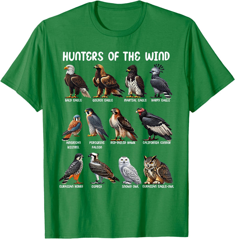 Bird Lover Hunters of the Wind Birds of Prey Falcon Owl Birding Raptors T-Shirt - Kelly Green