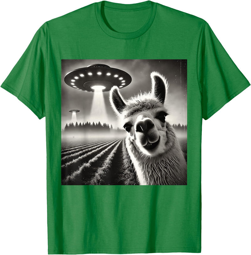 ÄLlamaAlpacaCo. Funny Llama Alpaca Selfie UFOs T-Shirt - Kelly Green