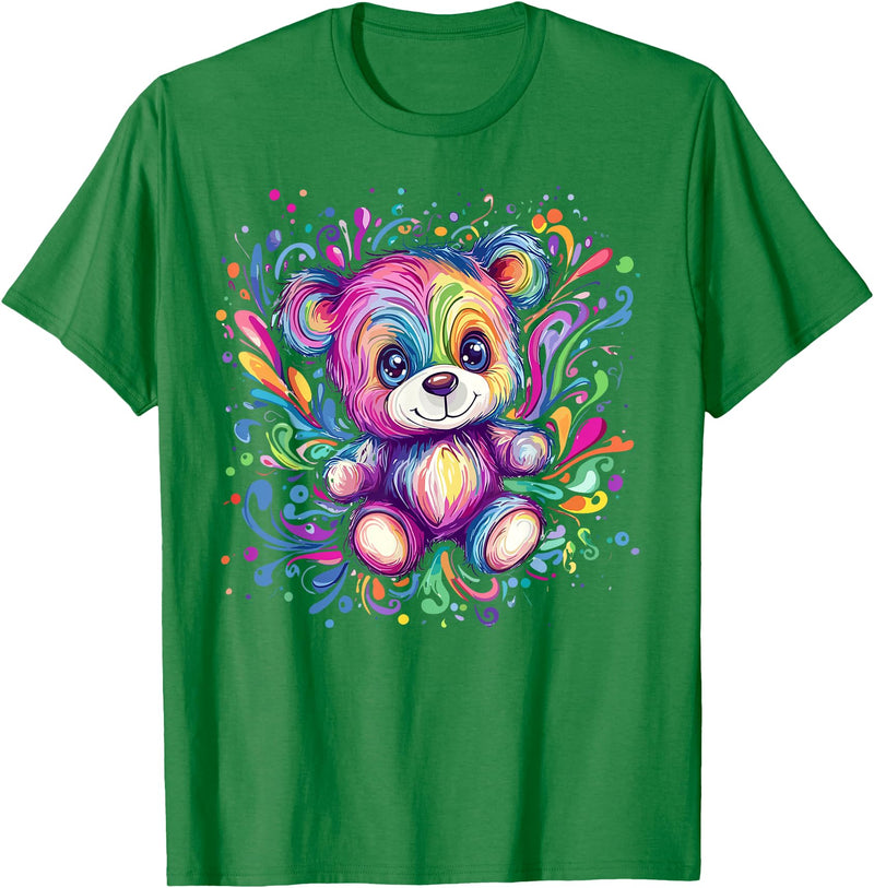 Vibrant Colorful Teddy Bear Illustration Rainbow Splash Teddy Bear T-Shirt - Kelly Green
