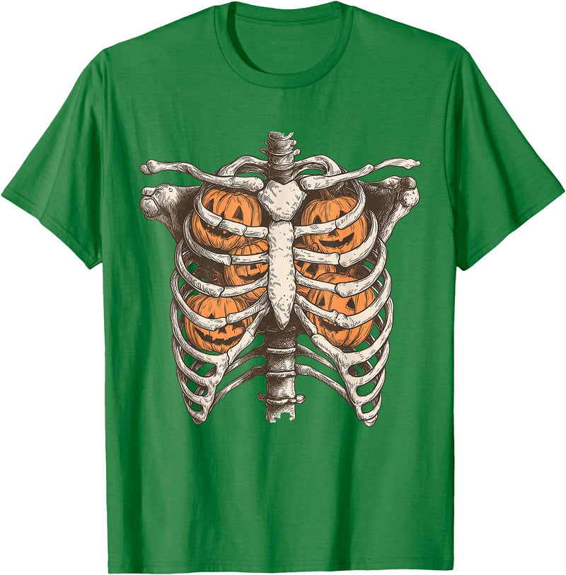 Ribcage Pumpkin Spooky Halloween Women Men Kids Retro Vintage 90s Ribcage Pumpkin Face Horror Halloween T-Shirt - Kelly Green