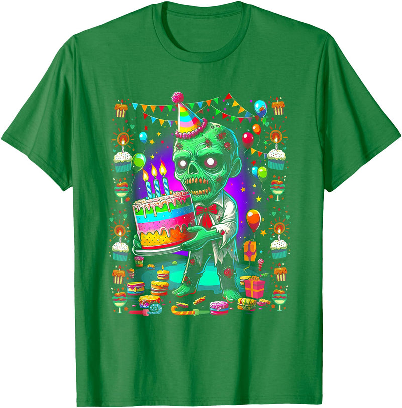 Zombie Holding Birthday Cake Halloween Birthday Horror Party T-Shirt - Kelly Green