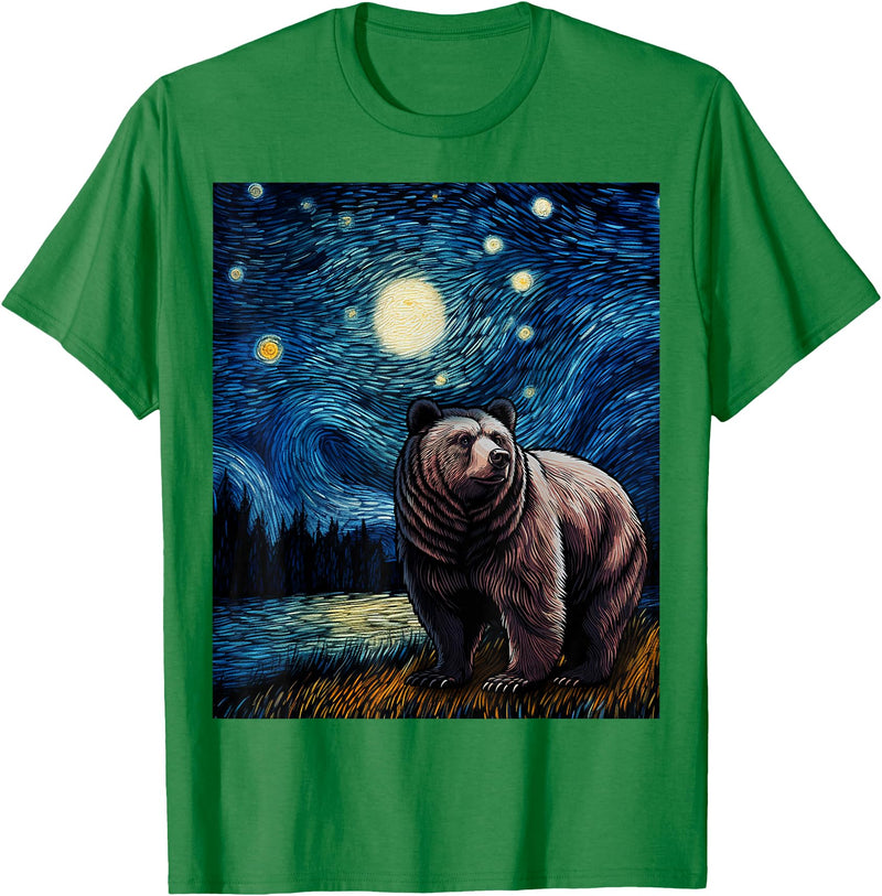 Starry Night Wildlife Graphic Grizzly Bear Van Gogh Starry Night Grizzlies Animal T-Shirt - Kelly Green
