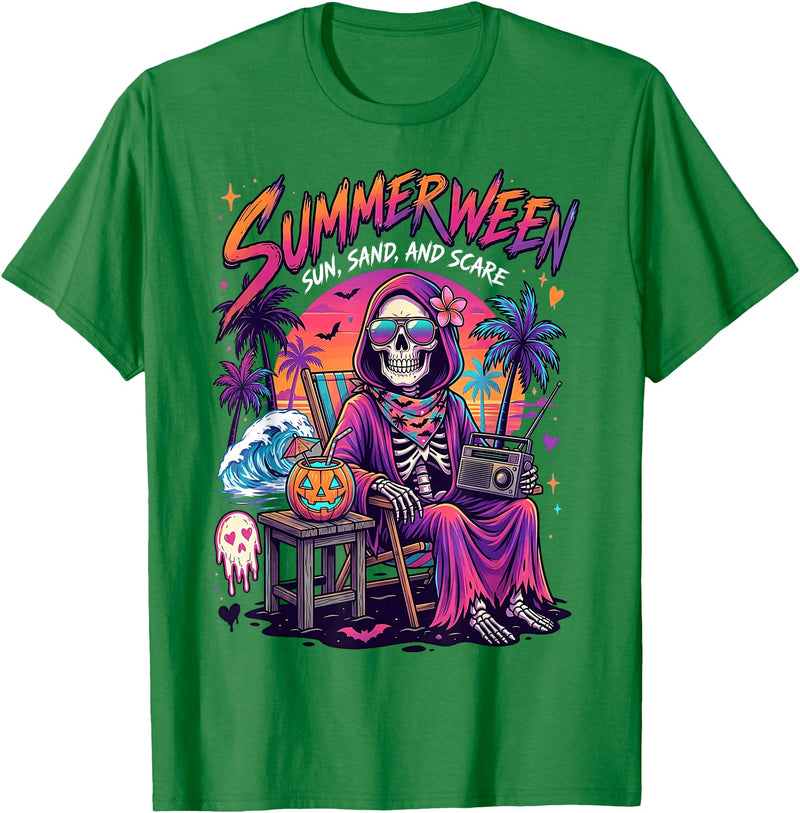 Summerween Halloween in July Spooky Summer Horror summerween Sun Sand and Scare Skeleton Halloween T-Shirt - Kelly Green