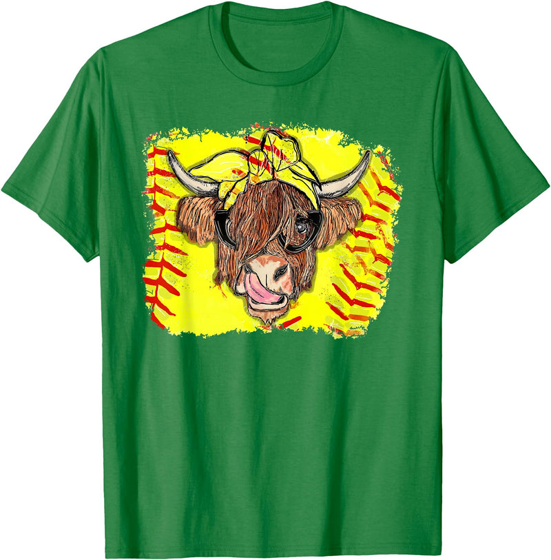 Softball Highland Cow With Bandana Glasses Happy Mother's T-Shirt - Kelly Green
