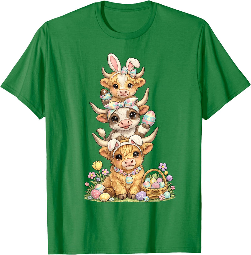 Western Easter Highland Cows Tees Western Easter Highland Cow Cute Bunny Cow Eggs Farmer Girls T-Shirt - Kelly Green