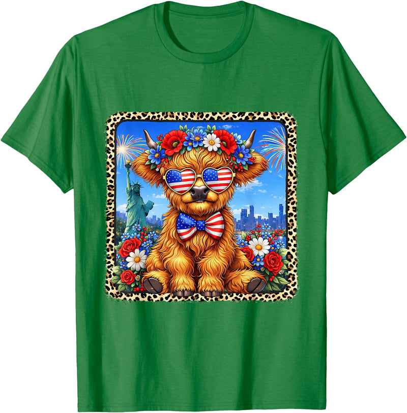 4th of July Apparel 4th of July Cow Patriotic Heart Glasses USA Floral Leopard T-Shirt - Kelly Green