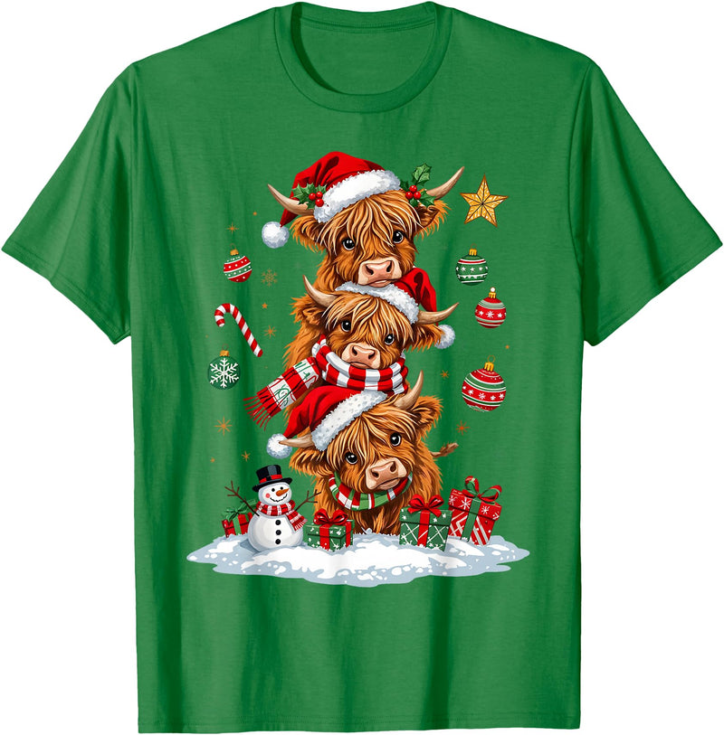 Highland Cow Christmas Winter Tree Farm Women Girl Funny Xmas Merry Moo Cows Highland Cow Christmas Snowman T-Shirt - Kelly