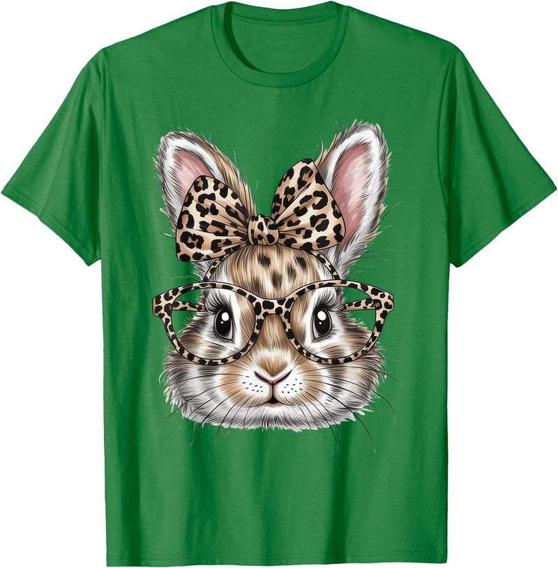 Bunny Face Glasses Bandana Leopard Rabbit Happy Easter T-Shirt in Kelly Green