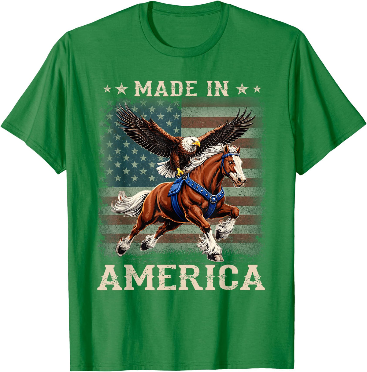 Made In America Patriotic Tees Made in America Western Horse Eagle USA Flag T-Shirt - Kelly Green