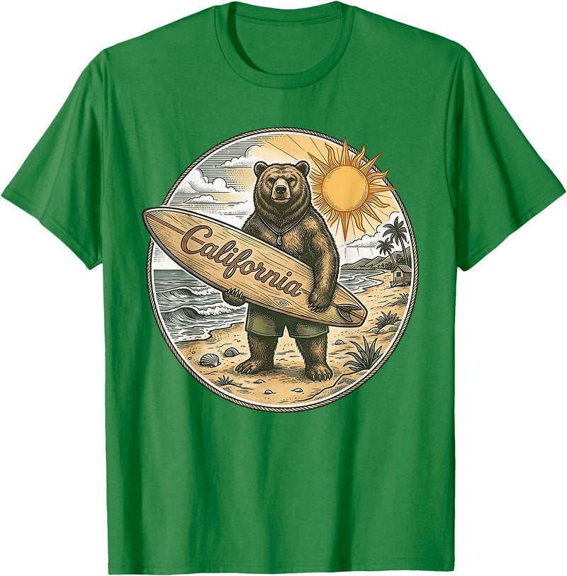 Retro Coastal Surf Bear Vintage Beach Apparel Vintage California Surf Bear Beach Retro Coastal Summer T-Shirt - Kelly Green