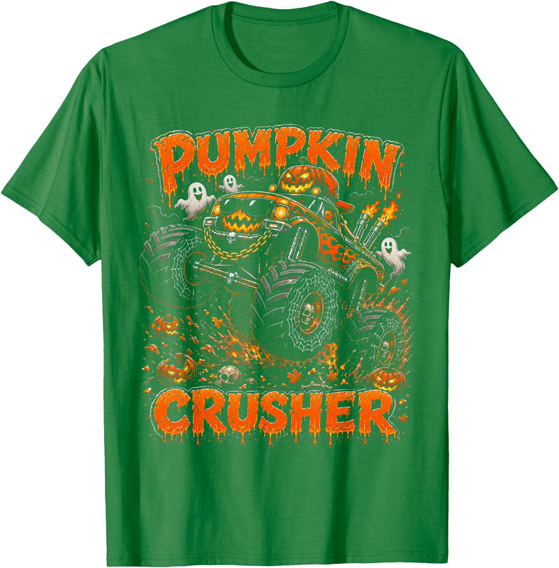Pumpkin Crusher Kids Halloween Monster Truck Pumpkin Crusher Monster Truck Ghosts Halloween Boys T-Shirt - Kelly Green