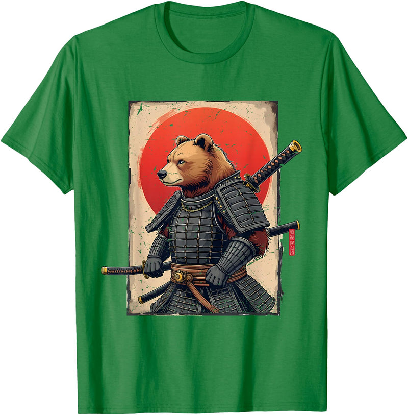 Japanese Samurai Bear Woodblock Art Samurai Brown Bear Ukiyo-e Ink Warrior Art Japanese Bear Art T-Shirt - Kelly Green
