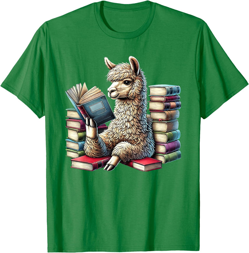 Llama Book Lover Llama Reading Book Reader Bookworm Alpaca Lover T-Shirt - Kelly Green